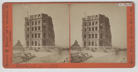 Stereograph of view of the First National Bank after the Chicago Fire of 1871